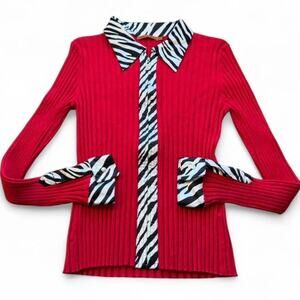 Y2K Belldini Red Collared Zebra Print Trim Zip Ribbed Knit Sweater Top Size M